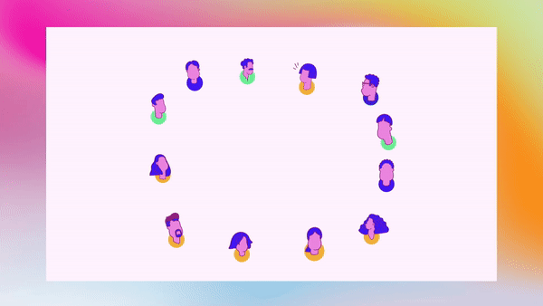 Many heads in a circle moving, with app Icons popping up to show chaos