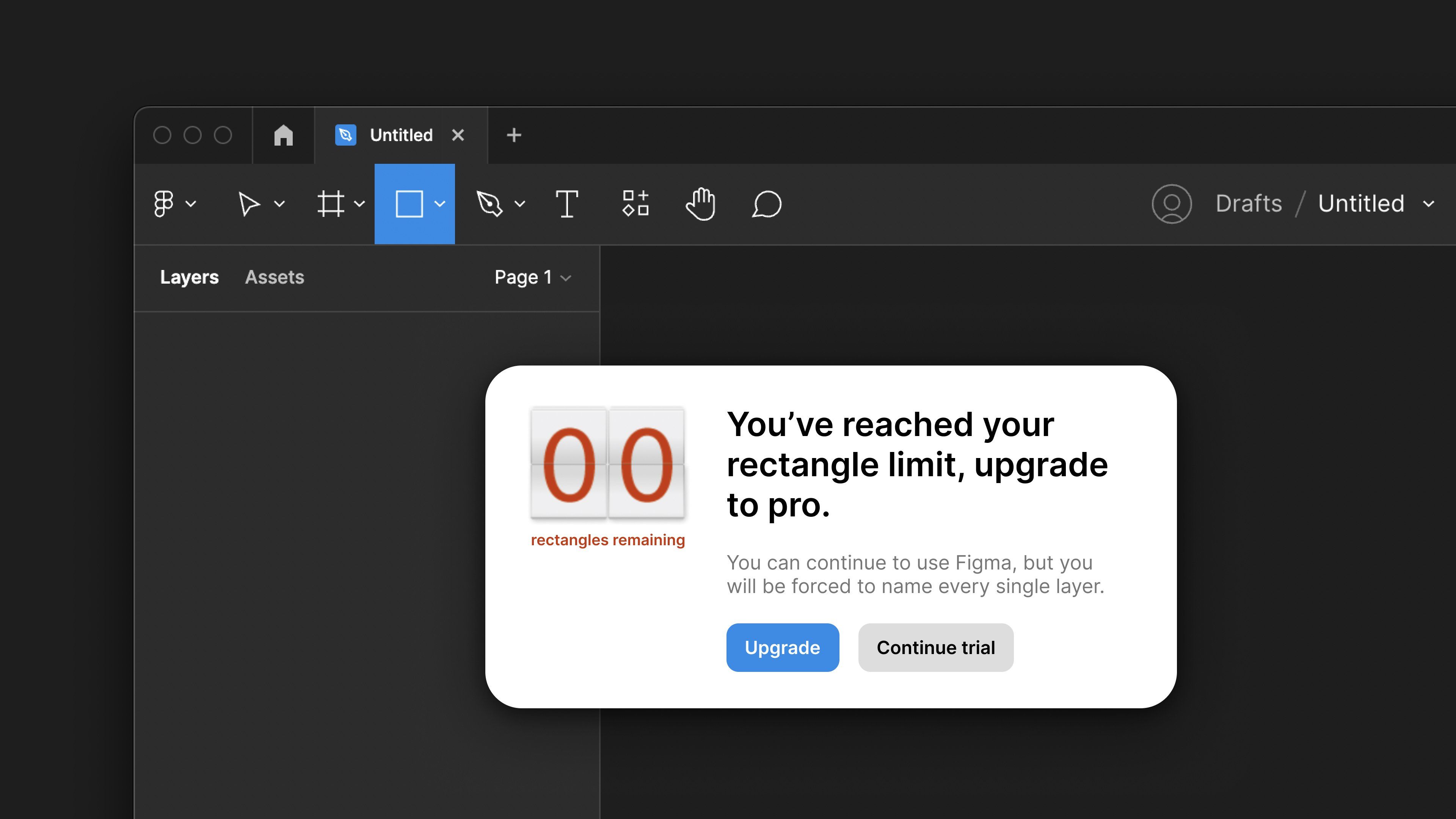 Figma screen with modal: You've reached your rectangle limit, upgrade to pro