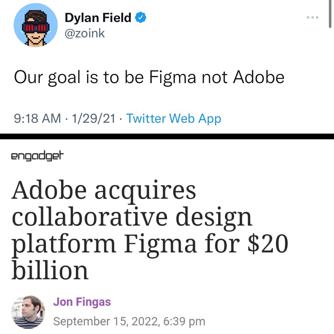 Dylan Field tweet saying "Our goal is to be Figma not Adobe", with engadget header below saying "Adobe acquires collaborative design platform Figma for $20 billion"