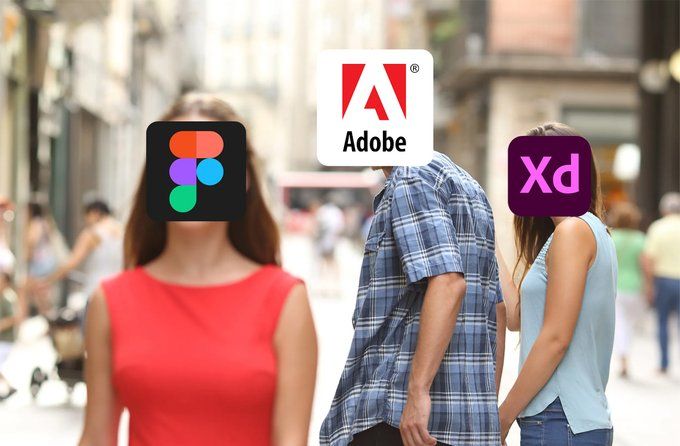 Meme of guy with girl (Adobe XD), looking at another girl (Figma)