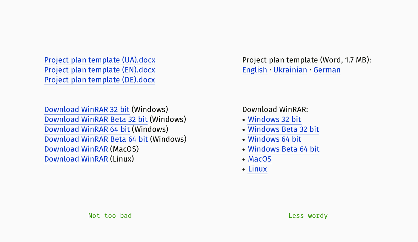 Examples of download links. On the left, the examples are more wordy. On the left they're less wordy.