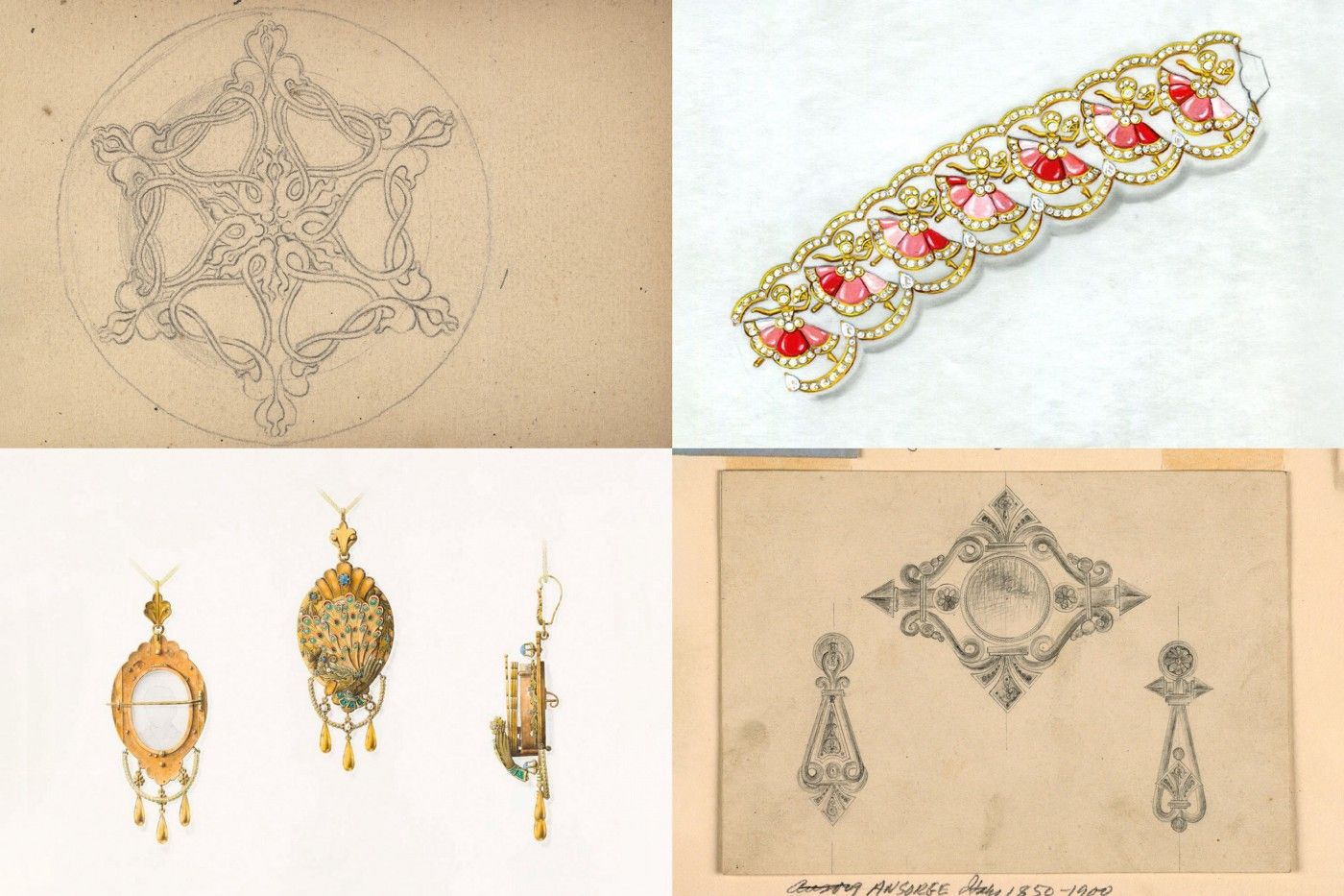 A grid of 4 brooches images, two of them different pencil sketches, two others in full colour.