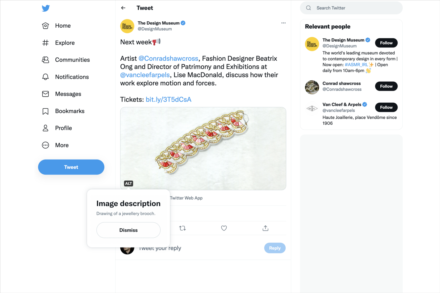 The Design Museum’s tweet with a photo of a jewellery brooch with a generic image description.