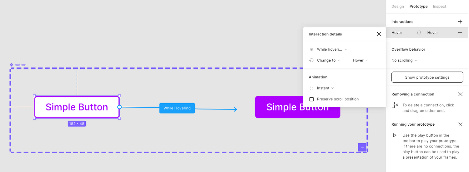 Screenshot of Figma showing process of adding an interaction between variants to creat an interactive component