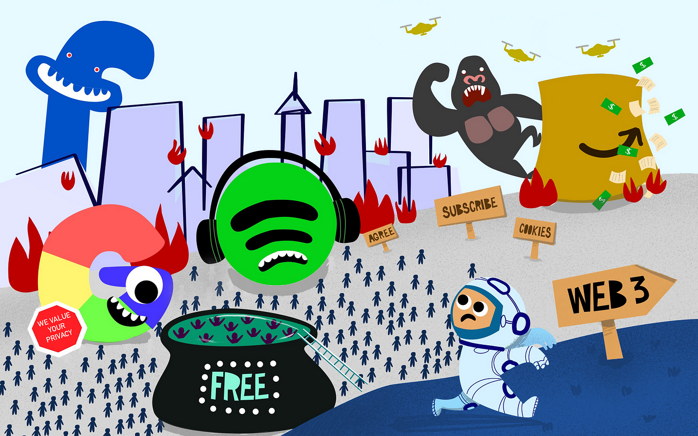 Illustration of Web2 monster companies: Amazon, Google, Facebook and Spotify in a city scape that's on fire. Towards the bottom right, an astronaut is running away towards a sign with Web3 written on it