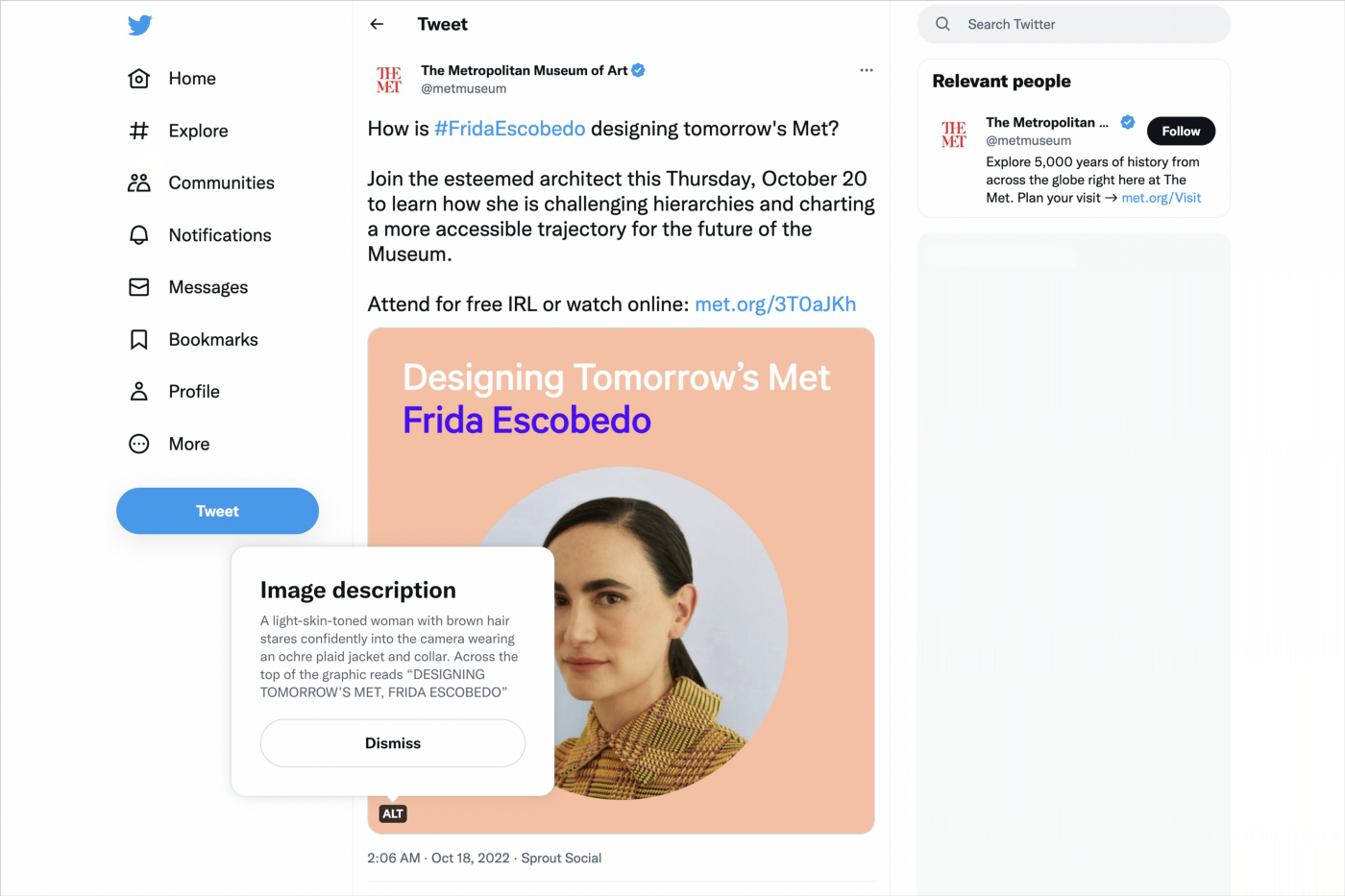 The Metropolitan Museum’s tweet about a talk by architect Frida Escobedo with her portrait and a detailed appearance description.