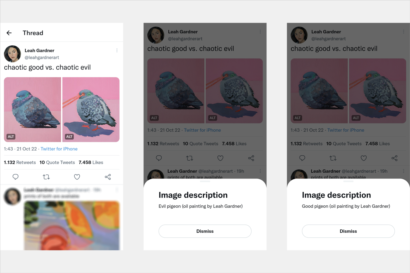 A tweet by Leah Gardner with the “evil pigeon” and “good pigeon” paintings and generic image descriptions.