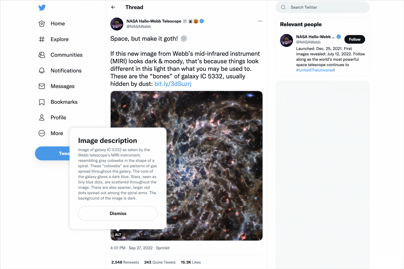 NASA’s tweet with an image of a “goth” galaxy hidden in the dust and a detailed image description.