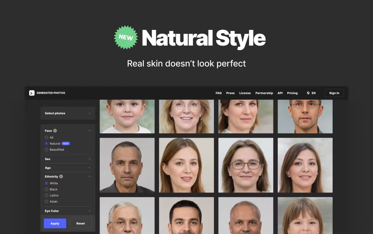 Screenshot of generated photos website with lots of different AI generated faces