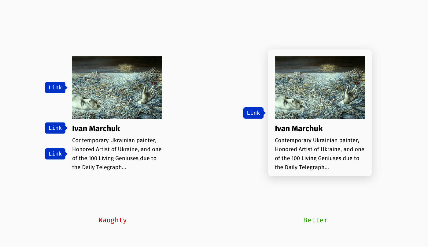 On the left, a card with image, title and text linked. On the right, a "Better" example, where only the image is linked.