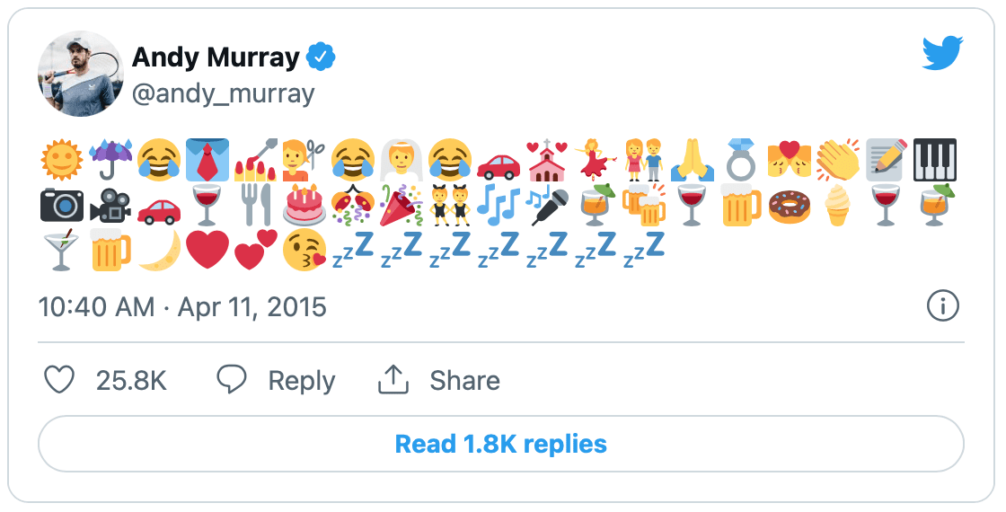 A tweet by Andy Murray composed entirely of emojis, depicting his wedding day e.g. haircut, cry, car, church, ring, wine, beer, sleep