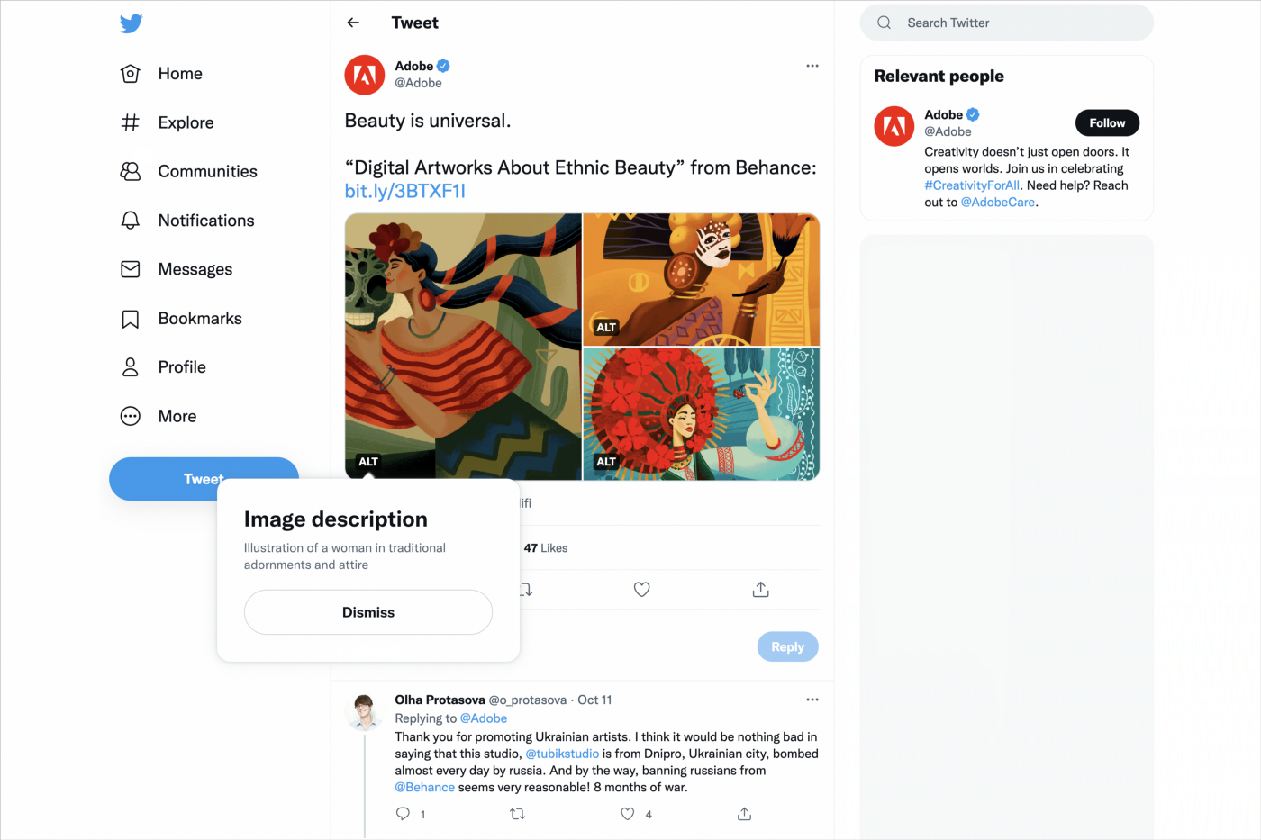 Adobe’s tweet with three images of women in traditional attires and the same generic image descriptions for all three pictures: example 1.
