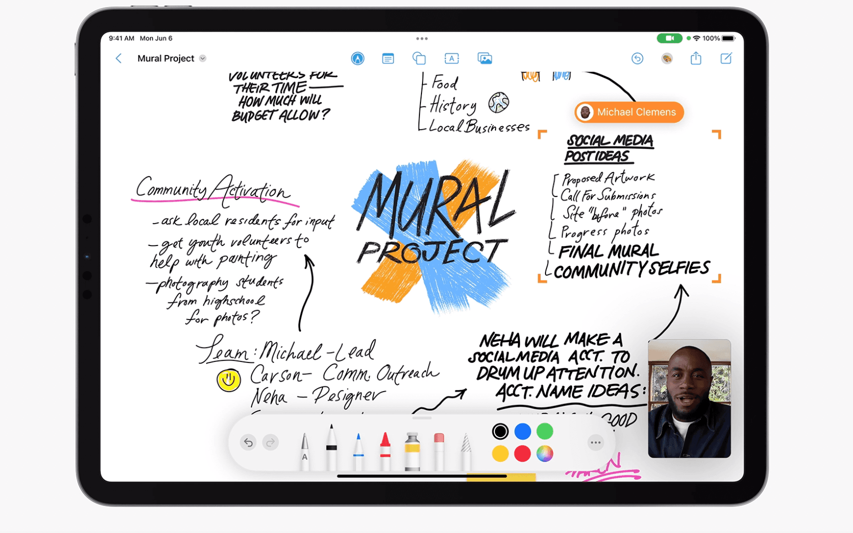 Photo of Apple Freeform on an iPad, with doodles and colours around the screen