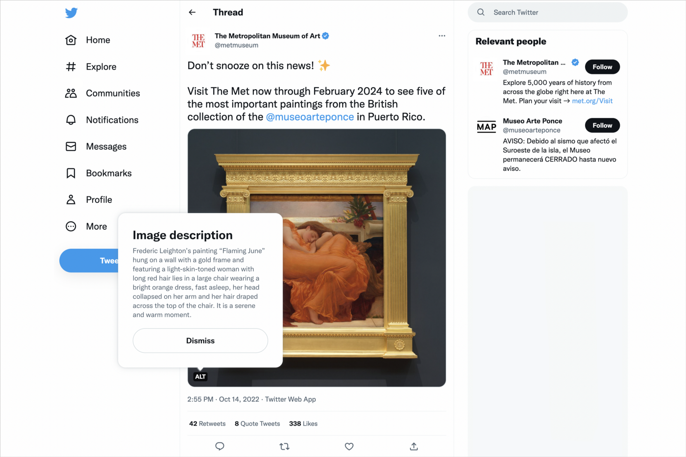 The Metropolitan Museum’s tweet with Frederic Leighton’s portrait painting and a detailed character appearance description.