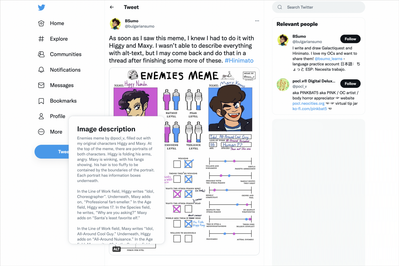 A tweet featuring the “enemies meme” with two characters, Higgy and Maxy, and a detailed image description (three paragraphs of text).