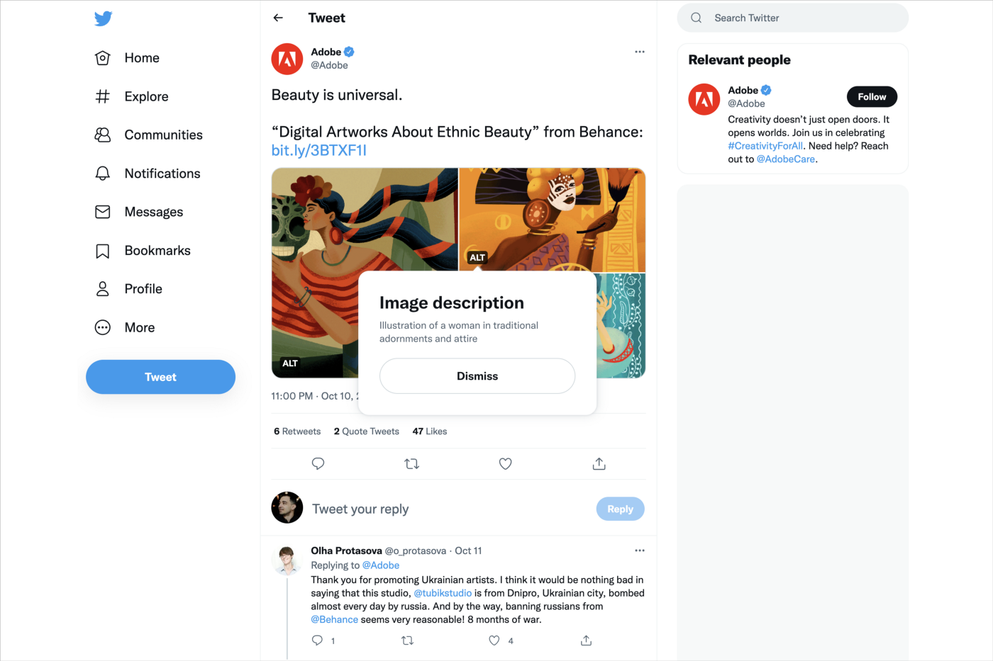 Adobe’s tweet with three images of women in traditional attires and the same generic image descriptions for all three pictures: example 2.