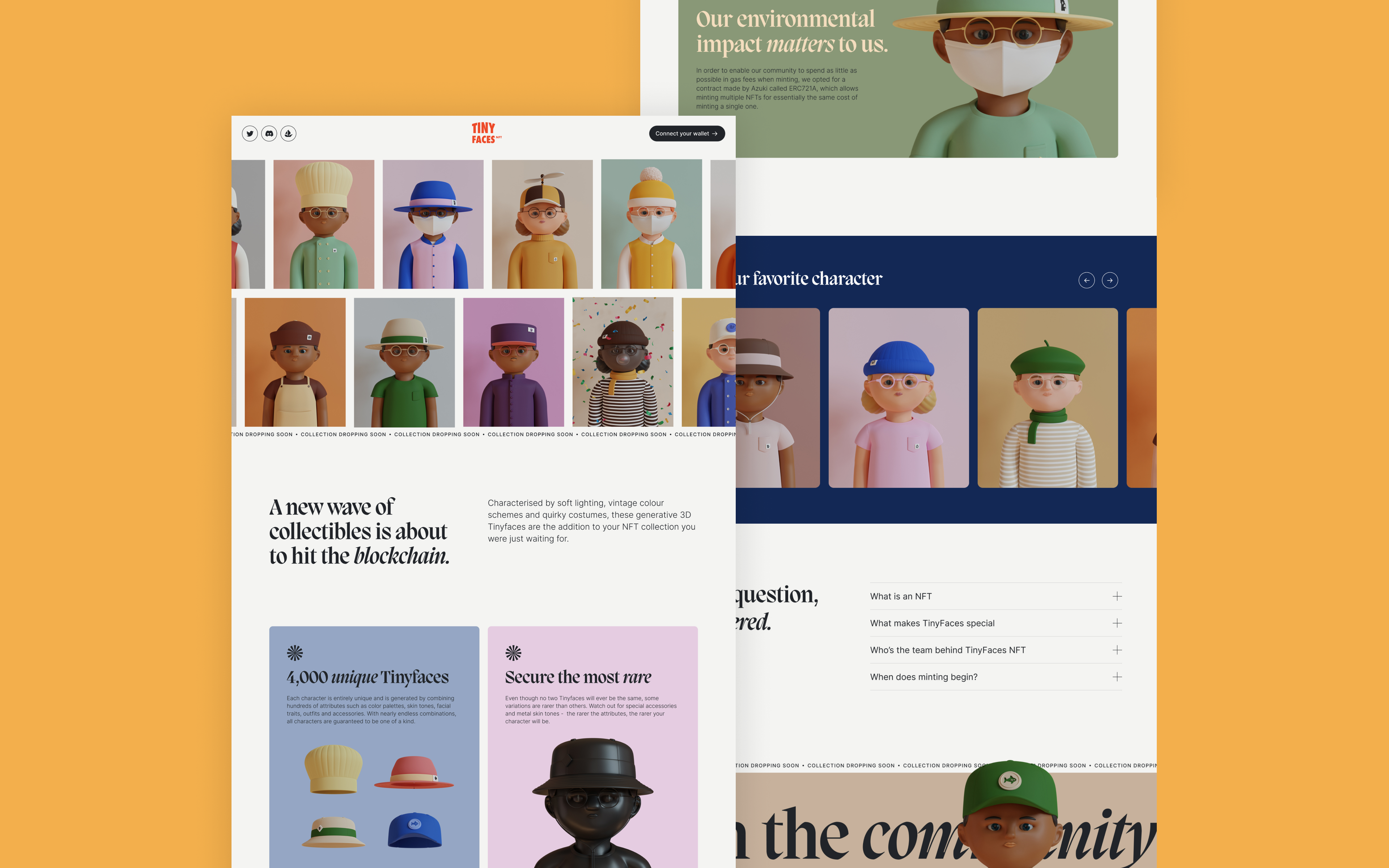 The TinyFacesNFT website - 2 overalapping mockups beautifully presenting their website