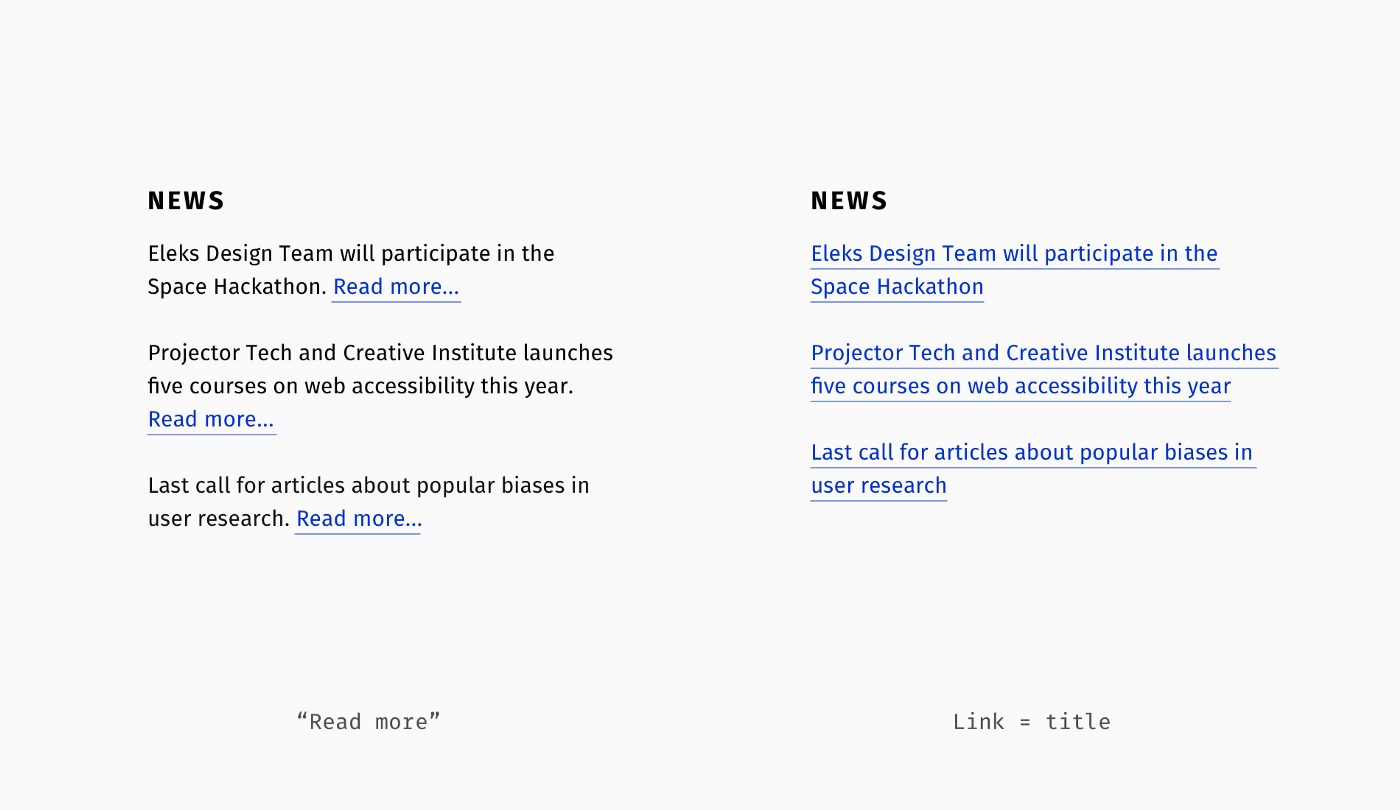 'Read more' versus link as title examples.