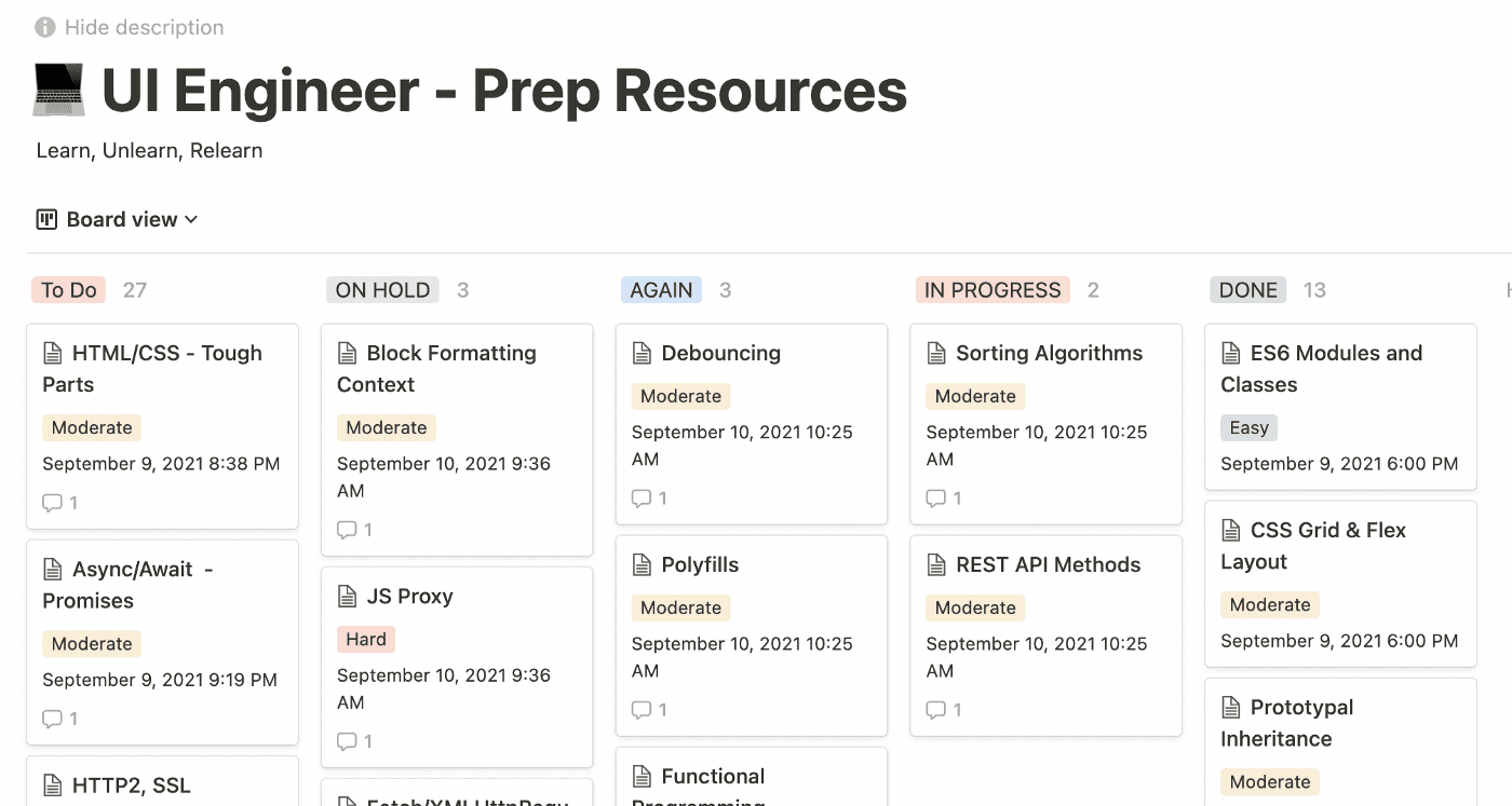 UI Engineer prep resources - Kanban board on Notion