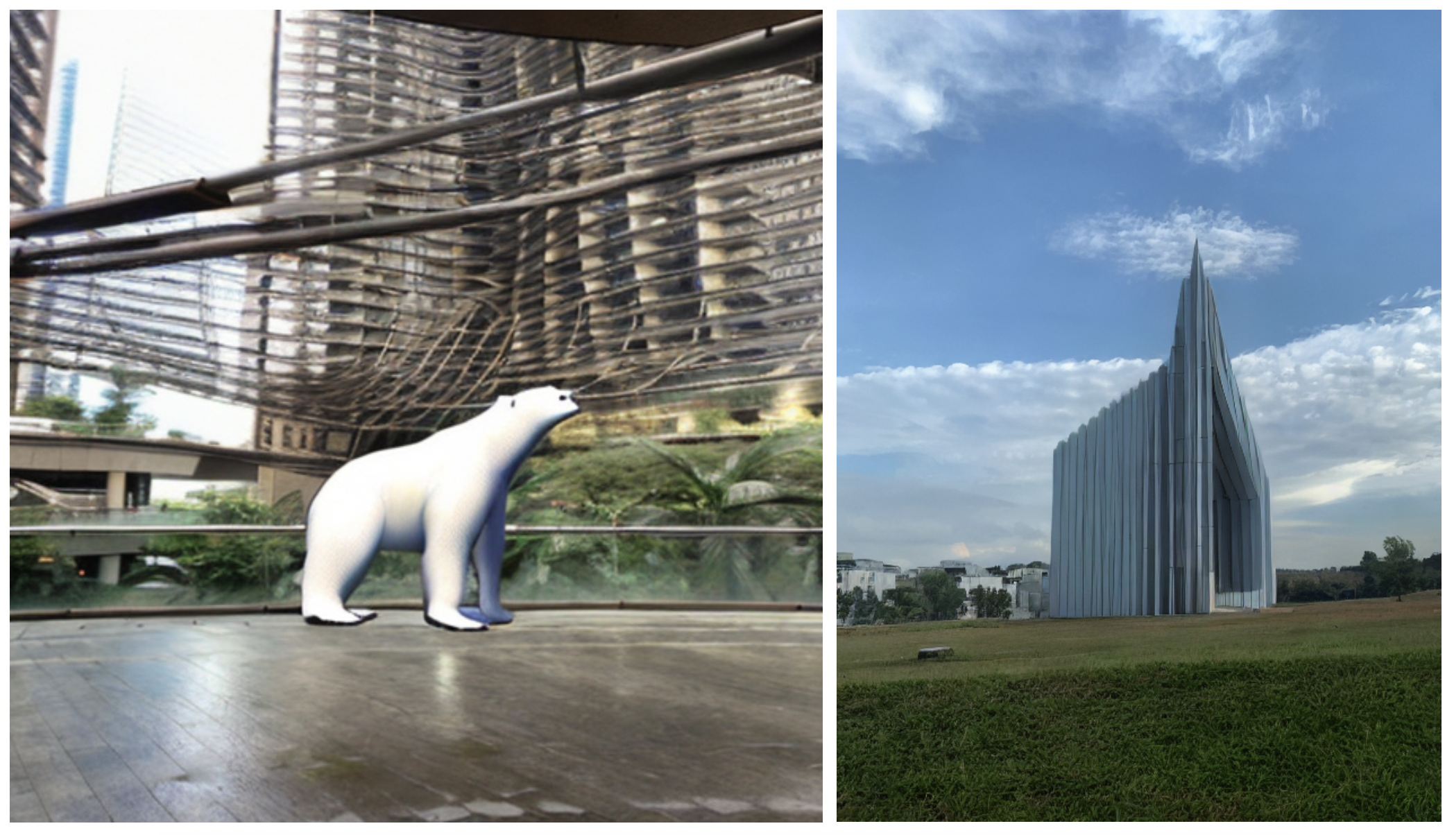 Comparison of drawing-like image of bear composited to a photo and realistic architecture image