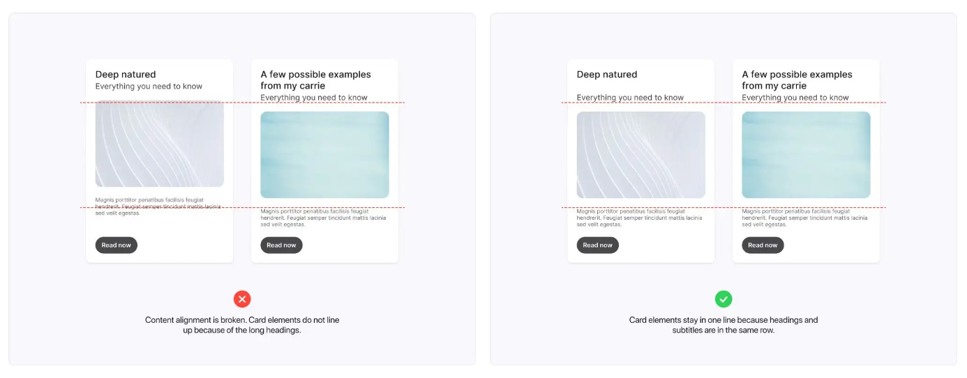On the left, an example of a card with broken content alignment. On the right, an example of a card where headings and subtitles are in the same line. 