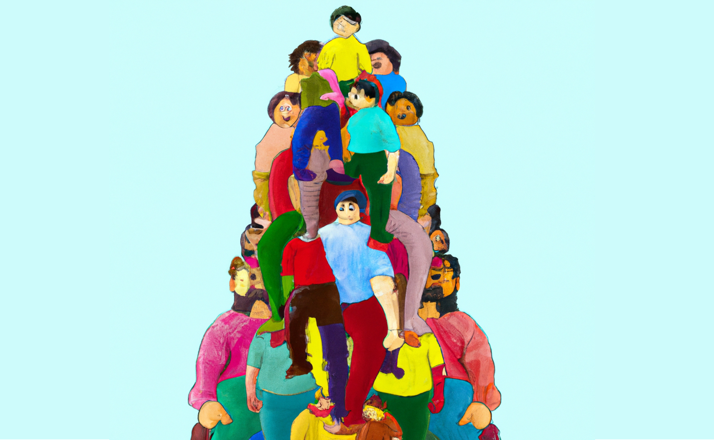 abstract artwork showing people standing over eachother, forming a pyramid