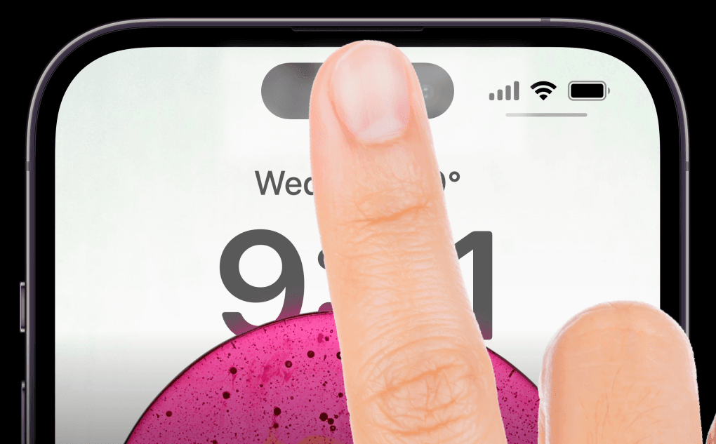 Finger tapping on iPhone 14's dynamic island feature