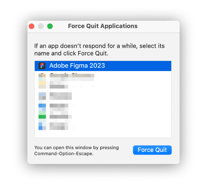 Mac's 'Force Quite Applications' modal with 'Adobe Figma 2023' at the top