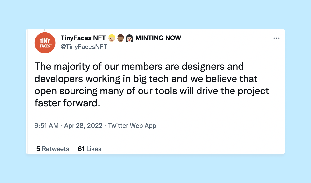 TinyFacesNFT on Twitter: The majority of our members are designers and developers working in big tech and we believe that open sourcing many of our tools will drive the project forward faster.