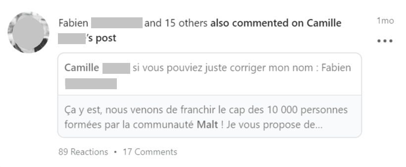 Screenshot from a LinkedIn notification, saying “Fabien and 15 others also commented on Camille’s post”