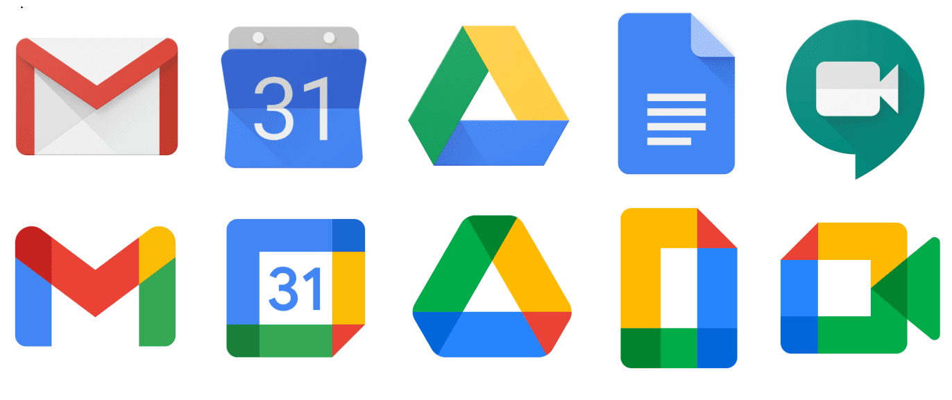 A comparison between the older and new Google brand logos for Email, calendar, docs and hangouts.