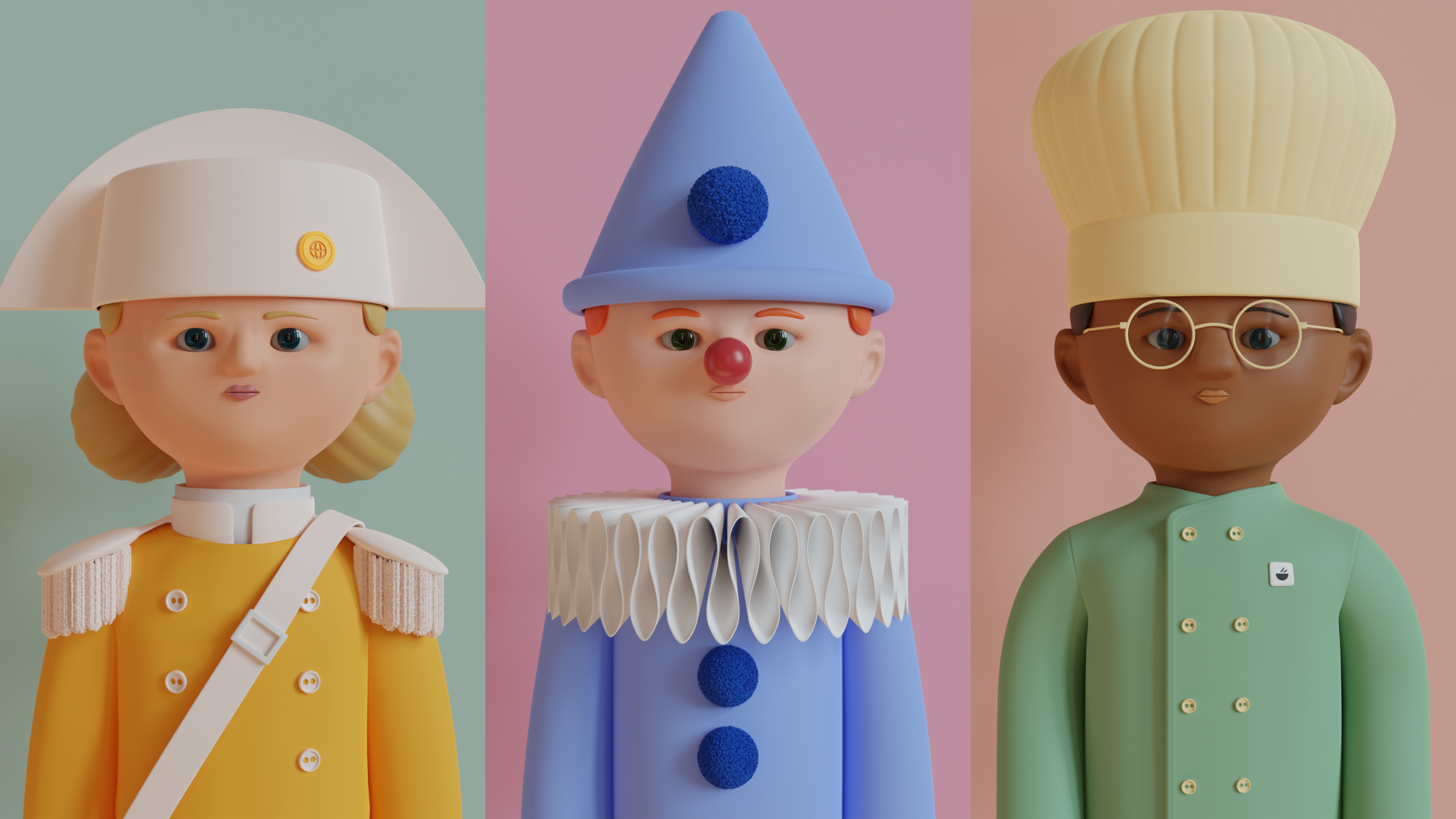 TinyFacesNFT characters created in Blender - 3 characters with different traits such as clothing and skin color.