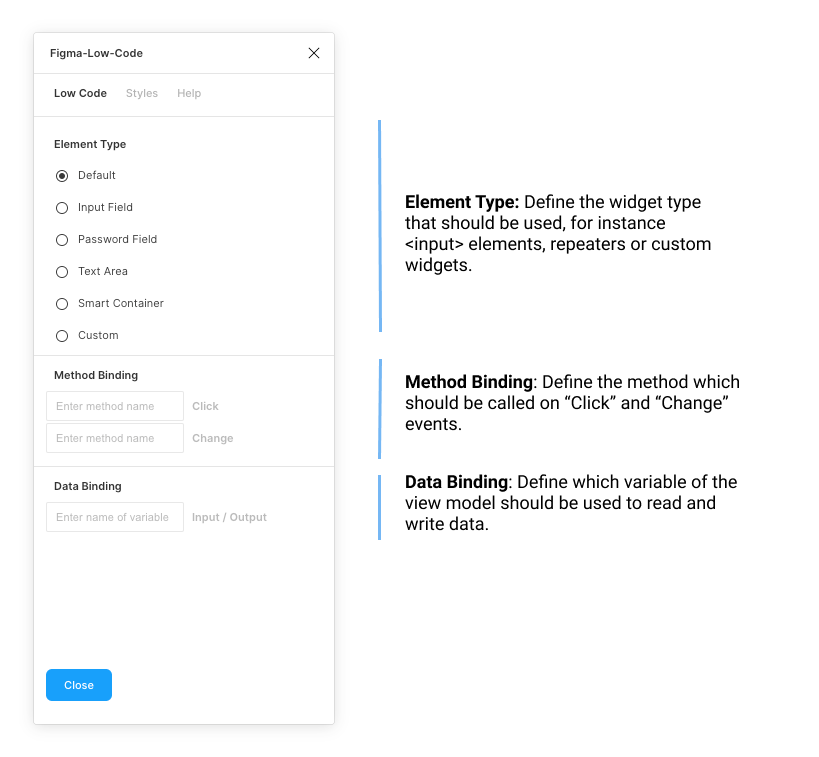 The Figma plugin defines the wiring between design and business logic